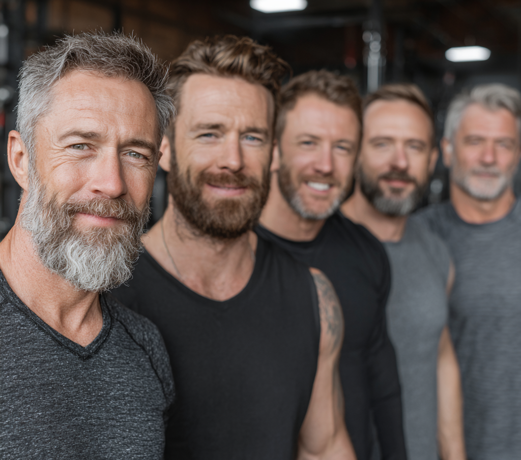 Група успішних чоловіків різного віку після спільного тренування, демонструють командний дух та взаємну підтримку