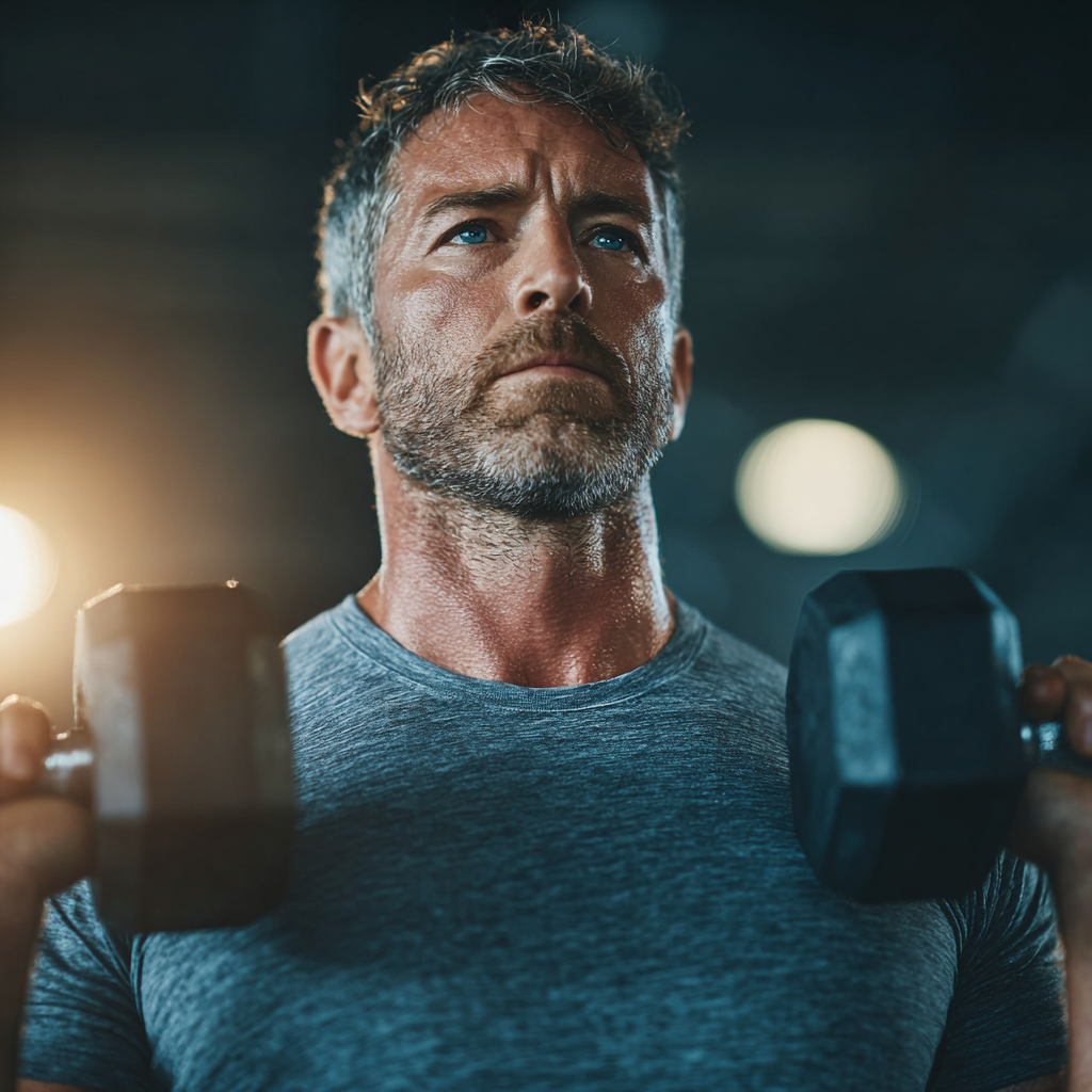 Сильний чоловік під час інтенсивного тренування з гантелями у сучасному спортзалі, демонструє фізичну силу та концентрацію
